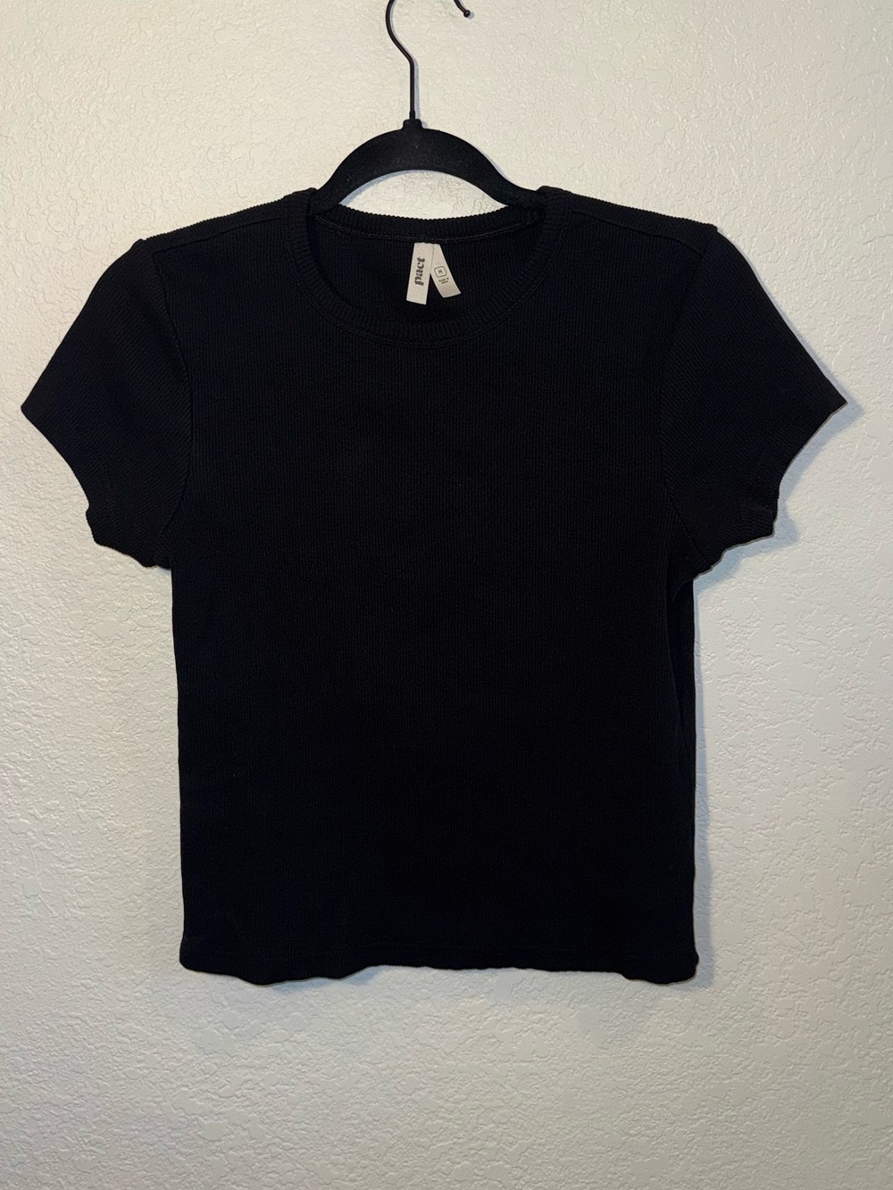 Pact Organic Cotton Black Ribbed Short Sleeve Crewneck Tee Casual Size Medium